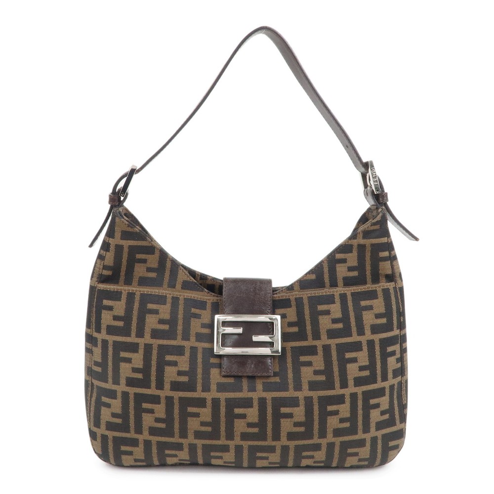 FENDI Zucca Canvas & Leather Shoulder Bag in Brown & Black Pre-Owned 26569