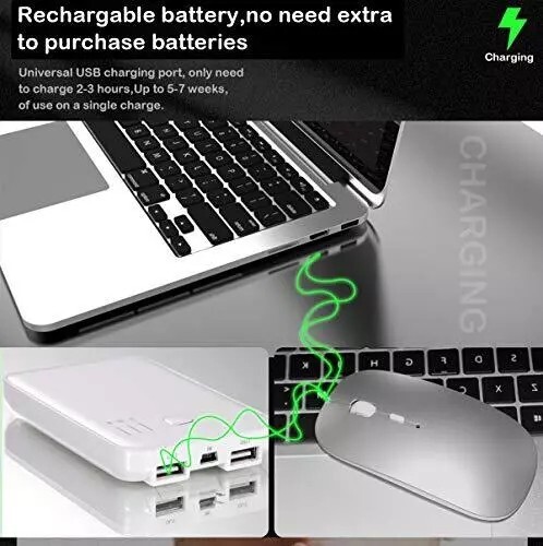 Dual Mode Wireless Bluetooth Mouse Rechargeable LED Silent Slim Laptop Mouse Sil - Picture 7 of 13