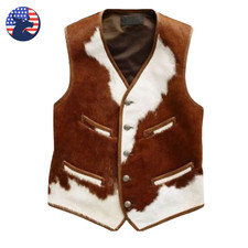 Mens Western Cowboy Brown Fur Leather Vest Cowhide Real Pony Hair Waistcoat