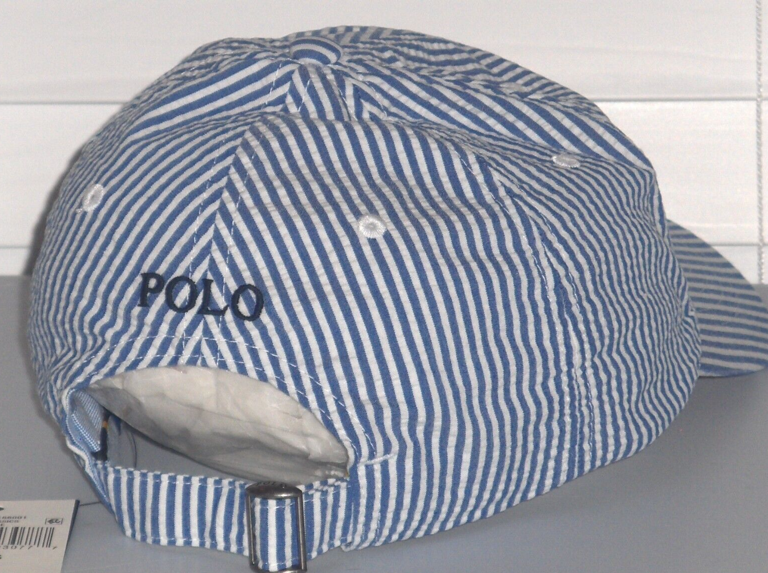 POLO RALPH LAUREN Cappello berretto da baseball pony da uomo cotone Seersucker blu nuovo con etichette