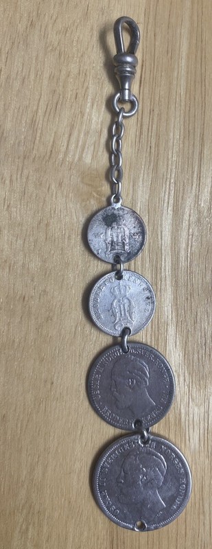 Vintage Antique 1800s Silver Coin Pocket Watch Fob Chain Sweden Oscar II ~RARE