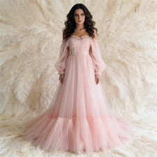 Off Shoulder Tulle Maxi Gowns Full Sleeve A Line Evening Dresses Lace Appliques