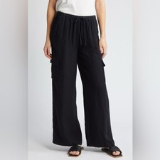 NWT Caslon Drawstring Wide Leg 100 Linen Cargo Black Pants size medium