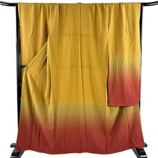 JAPANESE KIMONO FURISODE mustard color 164cm 5 ft 5 in PURE SILK AA8094