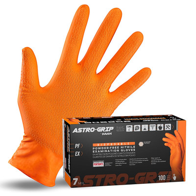 Astro-Grip Powder-Free Exam Grade Nitrile Disposable Gloves. Size Large, Orange,