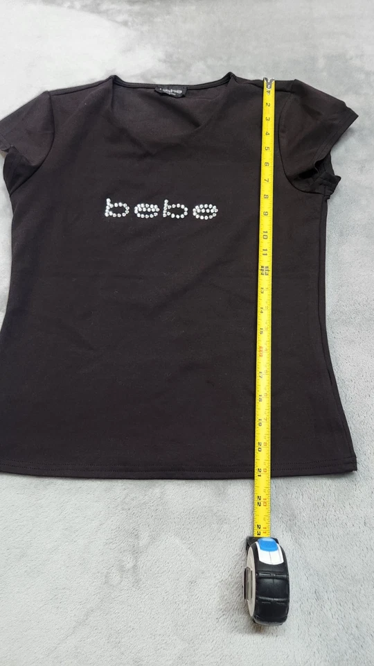 Blusa BEBE Para Mujer Pequeña Estrás Negra Cuello Abierto Corte Frontal Top Camisa Foto 4 de 4