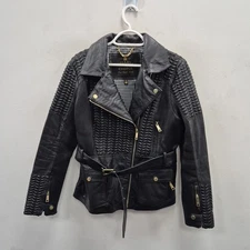 Holland Cooper Black Leather Country Biker Houndstooth Celebrity Jacket Uk 12