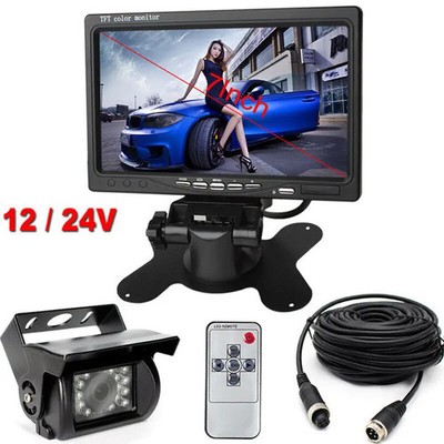 4 Pin 15M Bus Truck Caravan RVs Backup Camera 7'' Monitor Rear View Kit 12V-24V