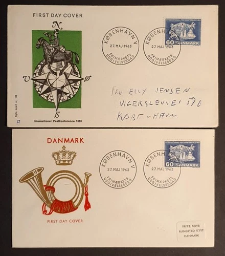 Denmark Stamps 1963 Postal Conference Centenary 2 different First Day Covers
