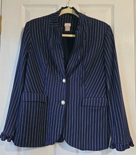 chicos Pinstriped Blazer Womens Jacket Size 8/10 Blue Pearl Buttons Stretch