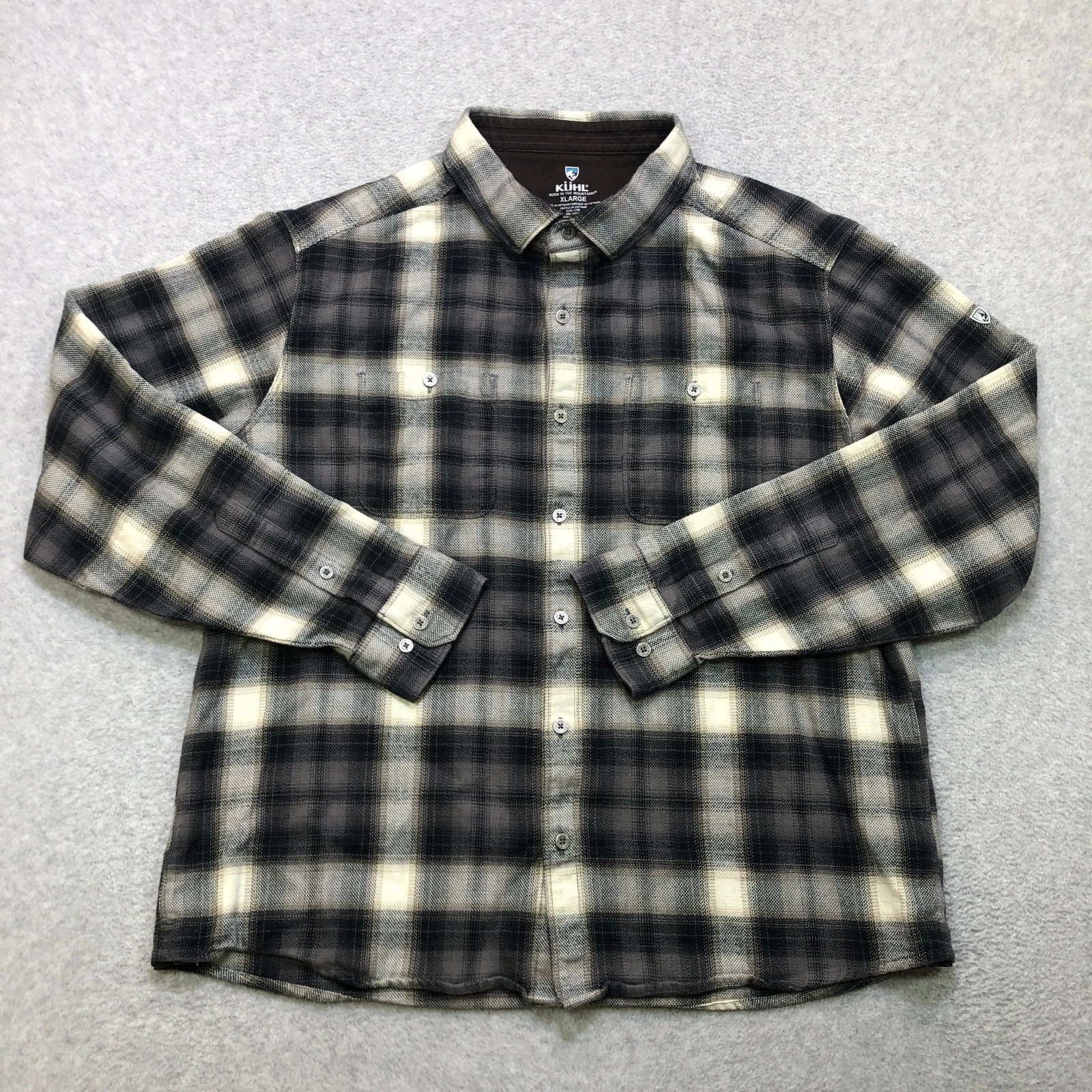 Kuhl Shirt Men's Extra large Brown Plaid Flannel The Law Outdoor HIking Logo