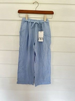 New Zara Girls Sky Blue 100% Linen Wide leg Pants Size 7 Years 122 CM