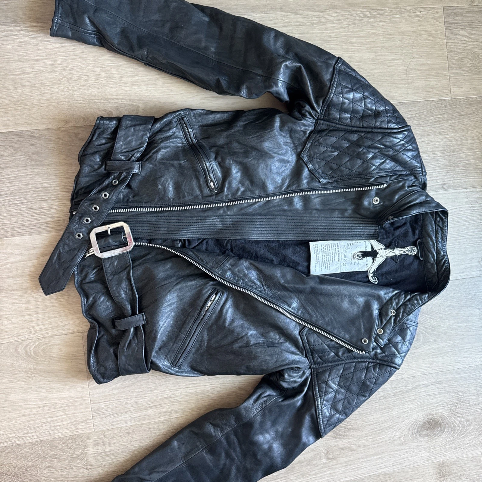 Private Brand AG Black Goat Leather Biker Jacket Quilted Moto XL Japanese Brand image 1