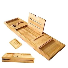  Foldable Bathtub Tray Expandable to 105cm for Luxury Bath, Bath Tray Bamboo