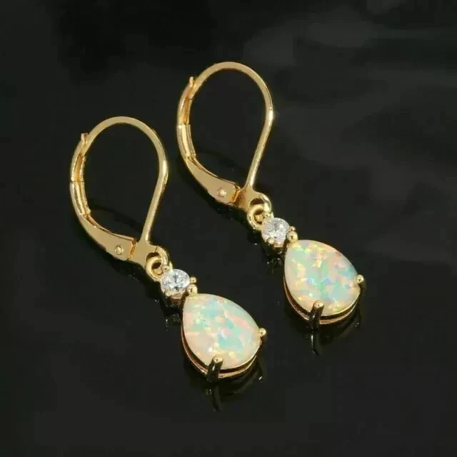 2.00Ct Pear Cut Natural Fire Opal Drop Dangle Earrings 14K Yellow Gold Plated - Image 2 of 4