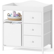 White Changing Table with 3 Fabric Drawers and Laundry Hamper, Baby Dresser w...