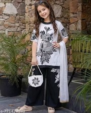 Girls Cotton Kurta Pant Set with Floral Print, Short Sleeve Kurti, Matching Pant