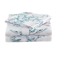 JSD White Blue Floral Printed Sheet Set Cal King 4 Piece Botanical Microfiber Sh