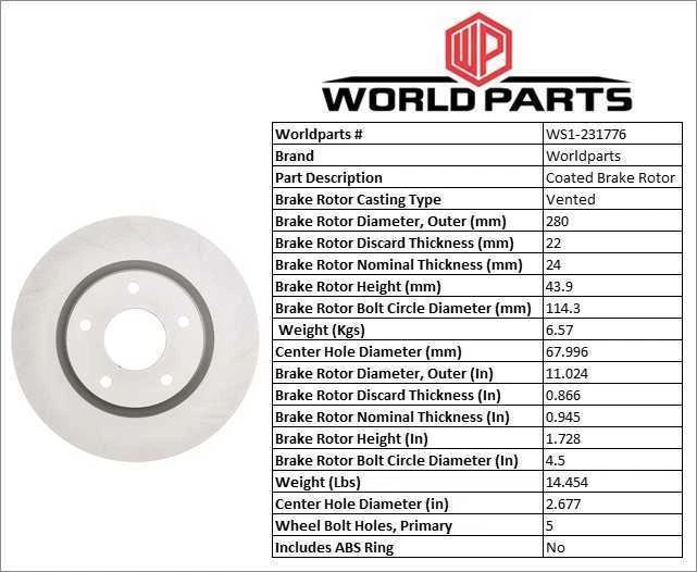 Rotor recubierto de rotor de freno de disco WorldParts WS1-231776 se adapta a Nissan Sentra 13-19 Foto 2 de 4