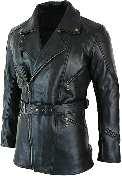 Mens Black Mid Length Real Leather Car Coat 3/4 Quarter Long Motorcycle Jacket