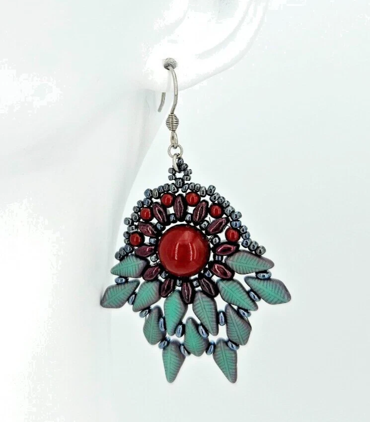 Ohrringe Grün Rot 925 Silber Ohrhaken Handarbeit Perlen Glasperlen Damen Schmuck - Bild 2 von 4