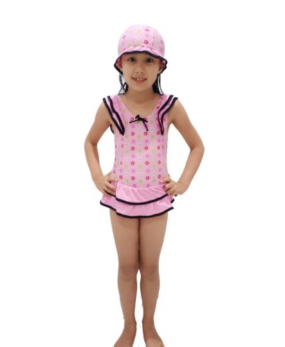 Girls 2 Piece Pink Swimming Costume with Hat 2-3 to 6-7 Years  - Picture 1 of 2