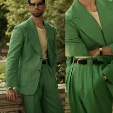 Men's Green Linen Suit Single Breasted Peak Collar Jacket Casual Fashion Style