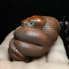 Chinese boxwood hand carved vivid snake statue netsuke Collection Gift USA SHIP