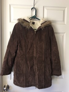 brown coat with white fur lining