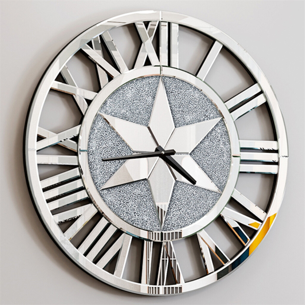 60X60 Sparkly Silver Round Mirrored Wall Clock Bling Diamond Clock Roman Numeral