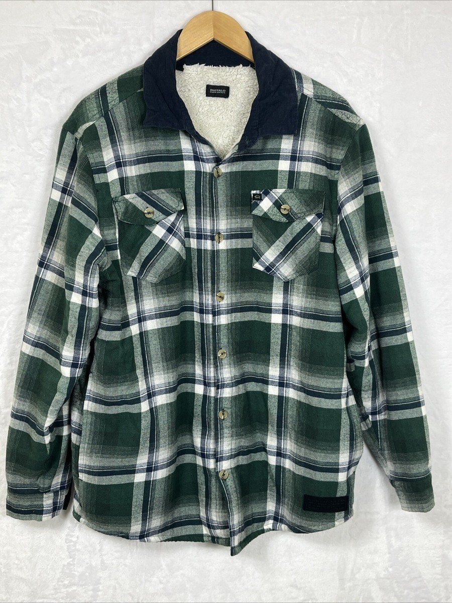 Buffalo David Bitton Flannel Shirt Jacket Faux Fur Green Blue White Size  Large