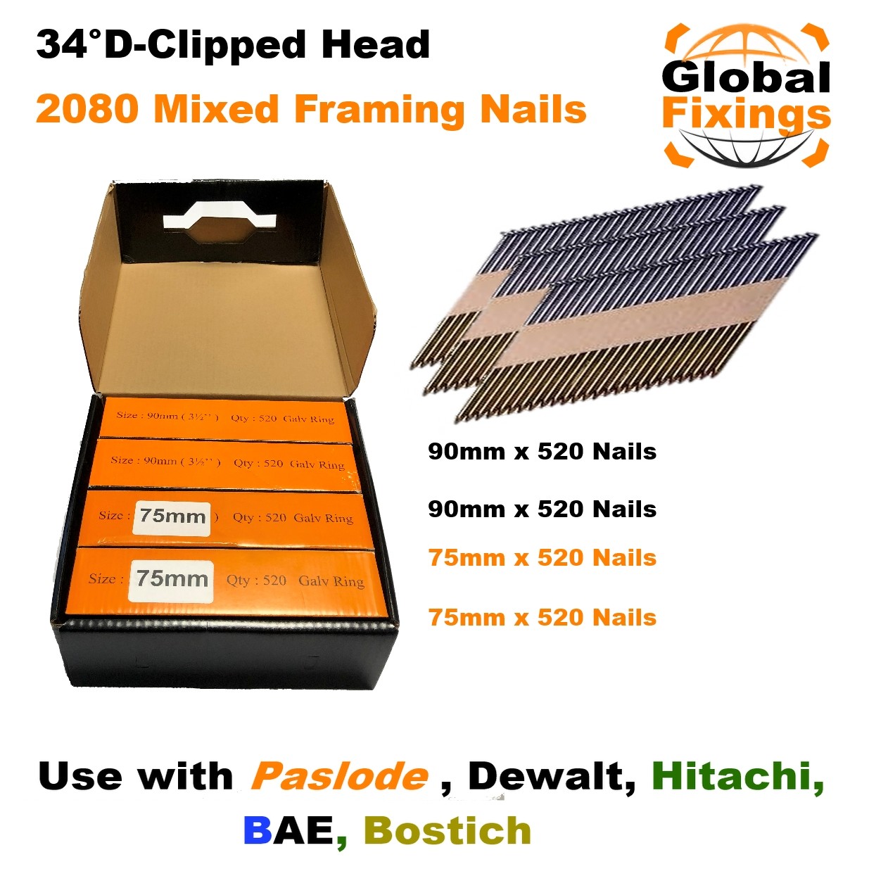 MIXED 2080 x 75mm 75mm 90mm 90mm Galv Ring Framing Nails for DEWALT Paslode eBay UK