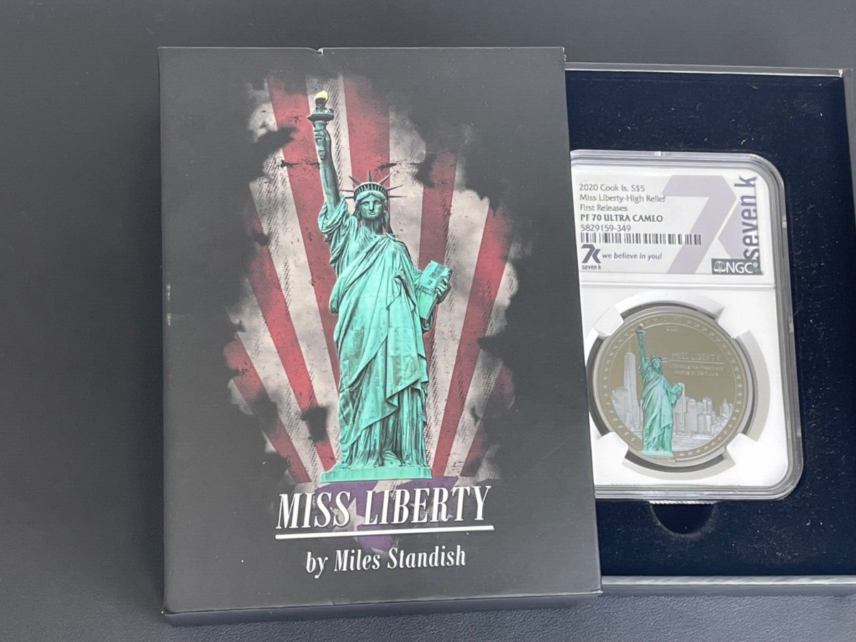 NGC 2020 Cook Island Miss Liberty PF 70 High Relief 1 Ounce Silver