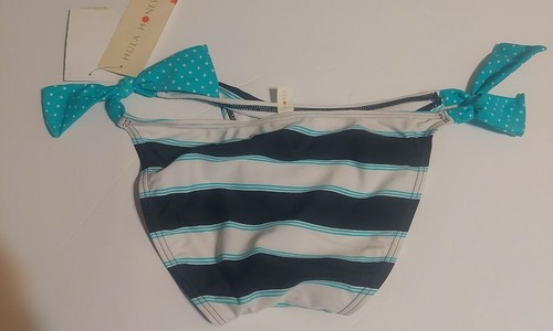 NWT Bikini Bottom Sz S Hula Honey Black Aqua White Stripe Polka Dot Side Tie - Picture 5 of 6