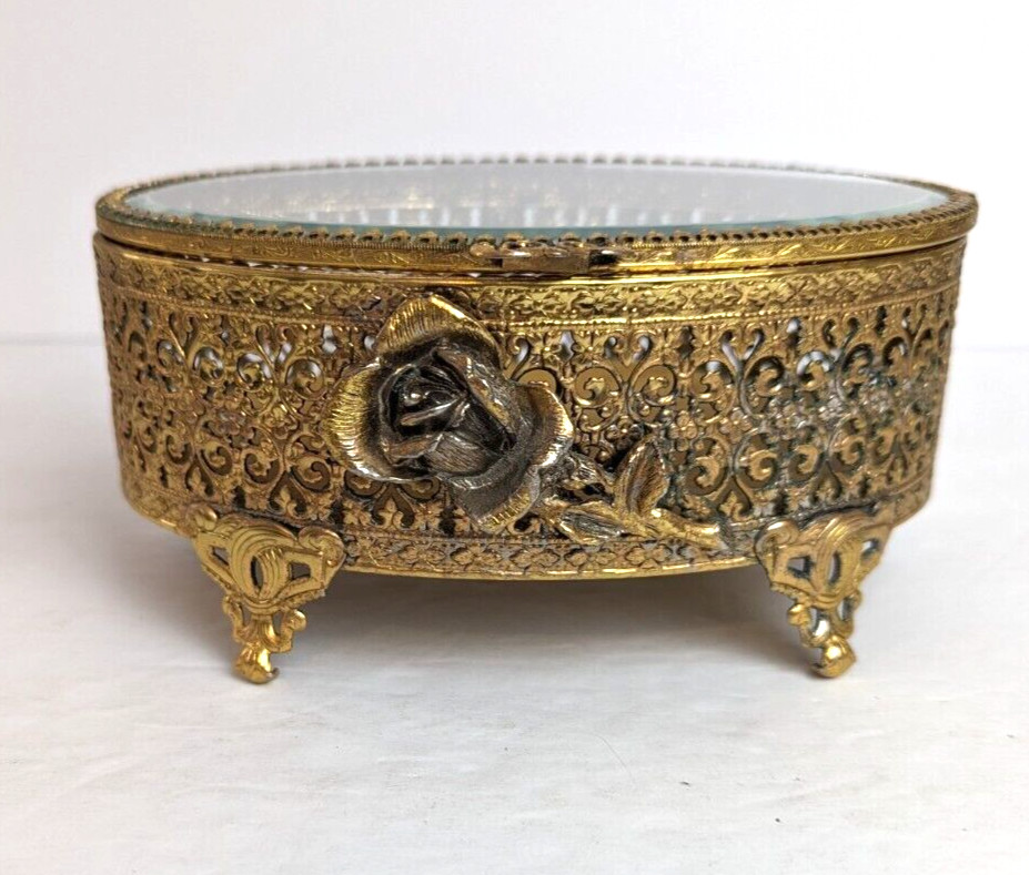 Vintage Hollywood Regency Gold Ormolu Jewelry Box with Rose Beveled Glass Lid 7”