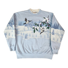 Vintage Morning Sun Classic Sweatshirt Large Sky Blue Winter Birds Fleece 1944