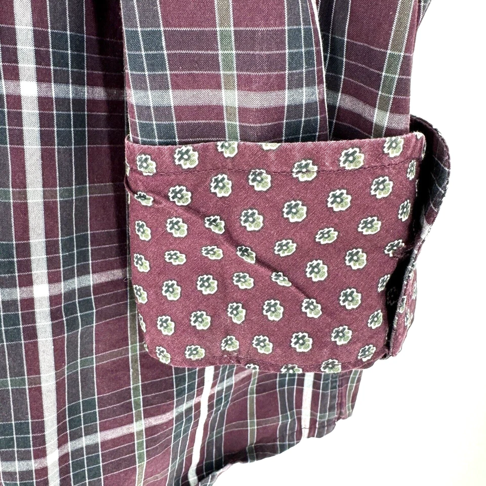 George Strait Wrangler Western Shirt Mens Medium Burgundy Plaid Floral Flip Cuff - Image 3 of 4