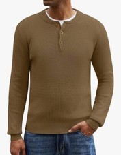 Men  s Henley Brown Knit Sweater Long Sleeved Button Casual Pullover Lightweight