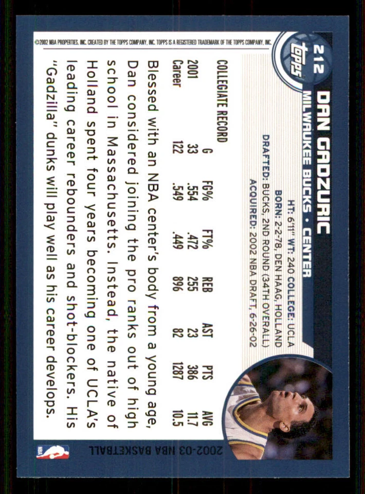 2002-03 Topps #212 Dan Gadzuric RC - Image 2 of 2