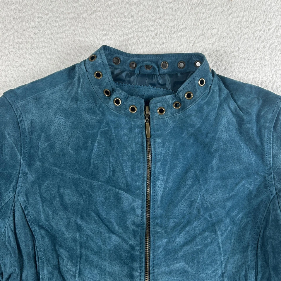 Chaqueta De Colección Live A Little Para Mujer Mediana Azul Teal Cuero Moto Cremallera Borde de Ojales Foto 3 de 4