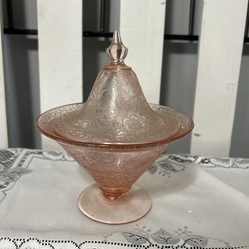 Pink Depression Glass Flower And Butterfly Adorned Covered Dish, 8”T X6.5”W