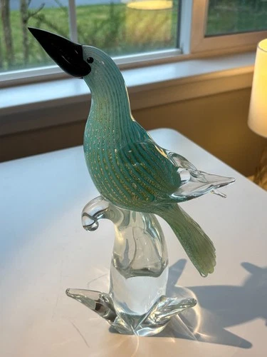 Vintage Turquoise Bird with flecks of gold Murano Glass Italy 12" tall