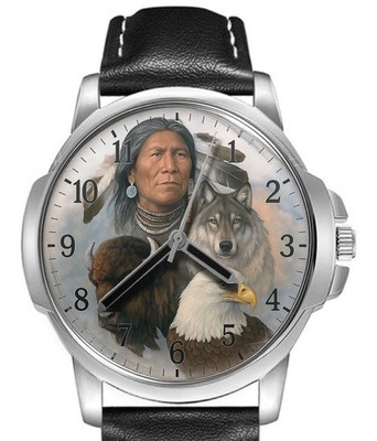 Rote Indian Tribal Cheif Adler Wolf Lederband großes Zifferblatt Armbanduhr