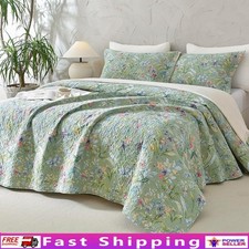 100 Cotton Floral Quilt Set 3 Piece Green Flower Bird Butterfly Design Bedding