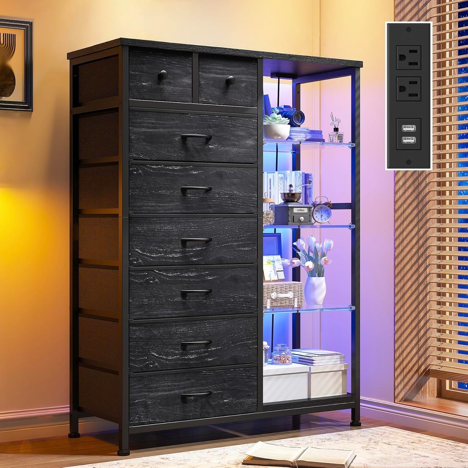 Enhomee 54" H Dresser for Bedroom with LED Lights & Power Outlets Dresser with 8