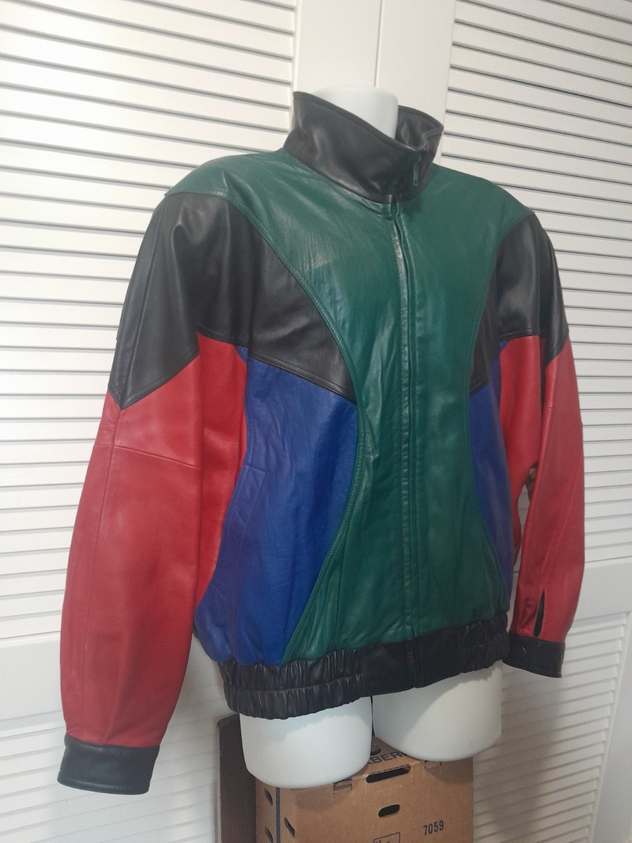 Rare Vintage 80s SAXONY Leather Bomber Jacket Multicolor Patchwork