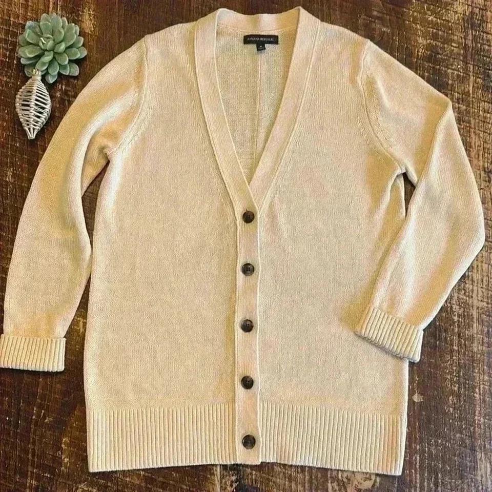 Banana Republic | Creamy Yellow V-Neck Button Down Cardigan, Cotton/Hemp, Size M - Image 2 of 4