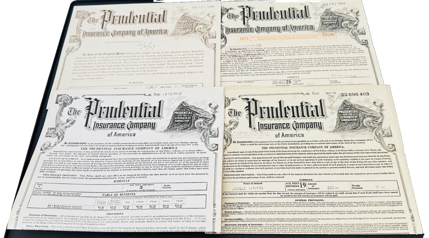 Prudential Life Insurance Policies Collectors Item (4 Total) Frame Not Included