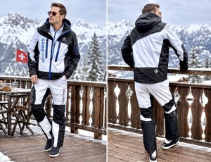 RLX Men’s L Hooded Full Zip collectable Ski Jacket & Pants; Black/White/Blue.