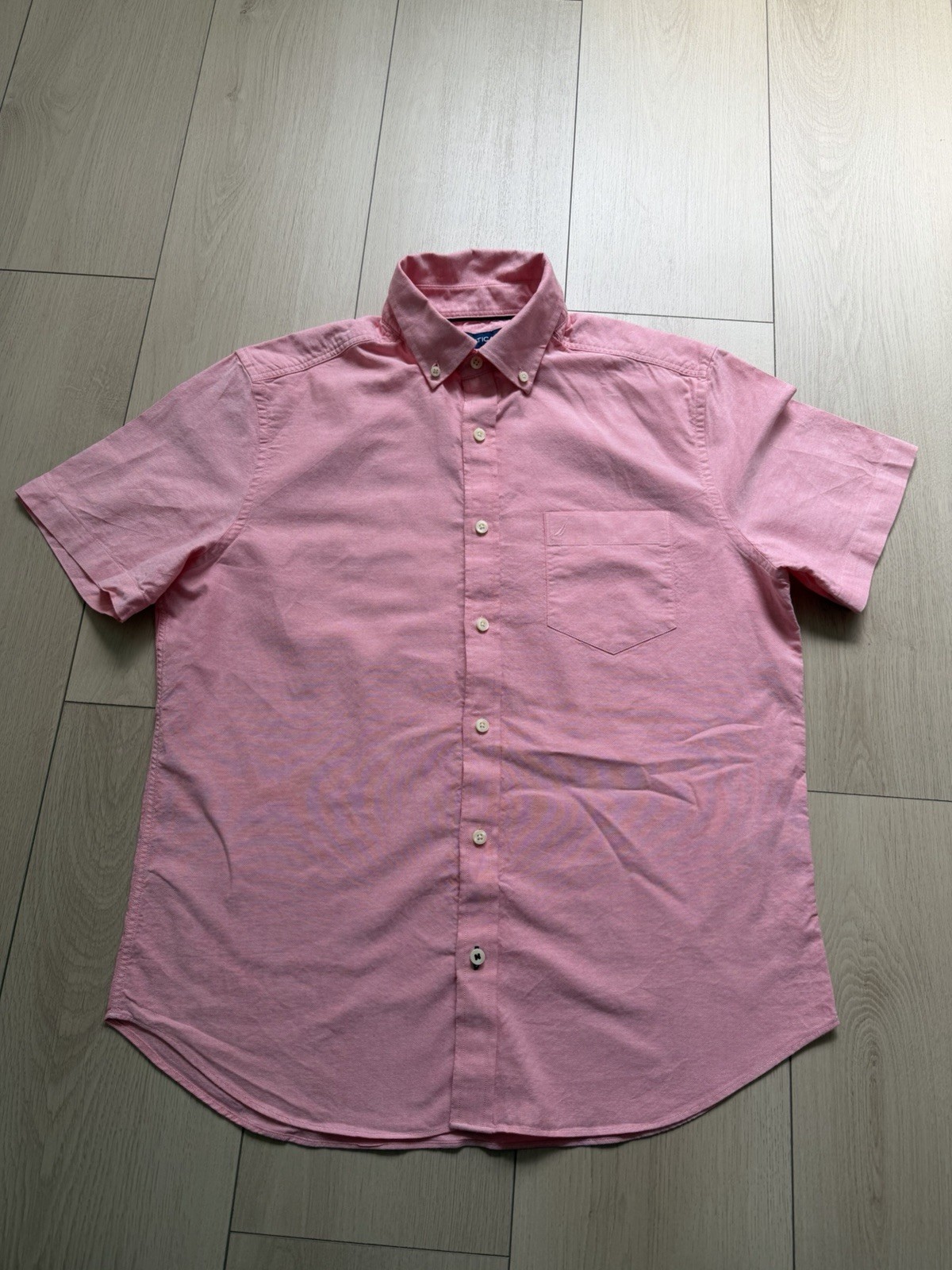 Nautica Men's M Pink Cotton Short Sleeve Button-Up Shirt Pocket Lightweight